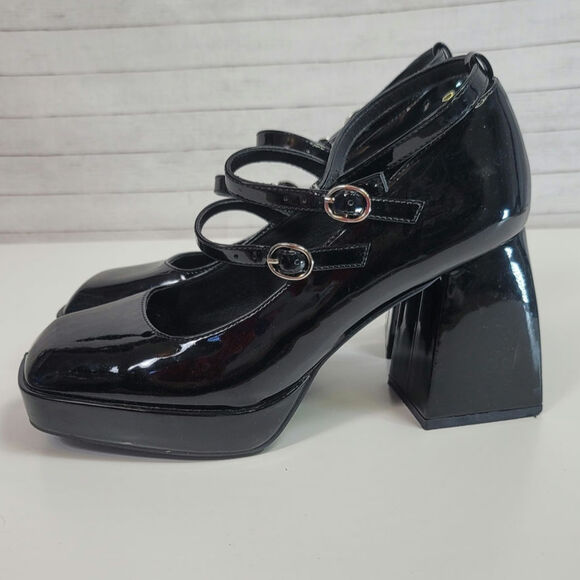 CIDER CHUNKY HEELED TRIPLE STRAP MARY JANES IN PATENT BLACK FAUX LEATHER, SZ 9 - Picture 1 of 16